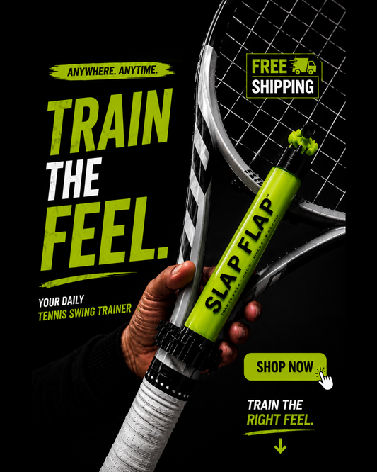 SLAP FLAP tennis swing trainer attached to a tennis racket for shadow swing practice