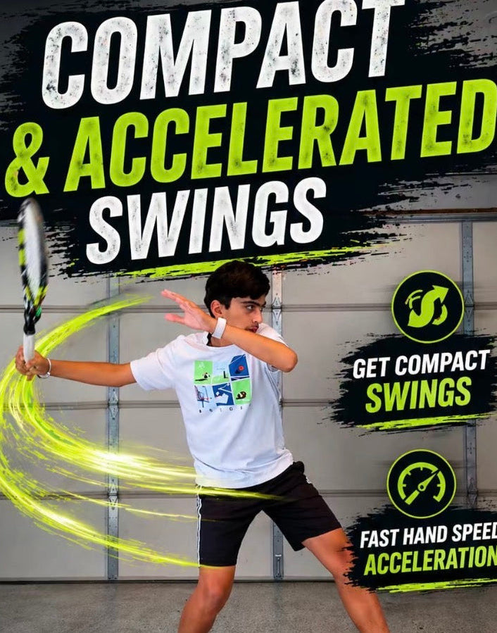 Junior tennis player demonstrating a forehand swing with SLAP FLAP tennis swing trainer to develop compact swings, hand speed acceleration, and muscle memory through shadow swing training.