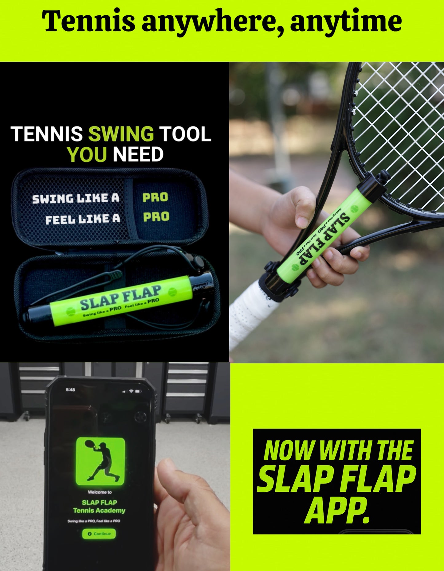 SLAP FLAP portable tennis swing trainer with mobile app for practicing tennis anywhere, anytime.