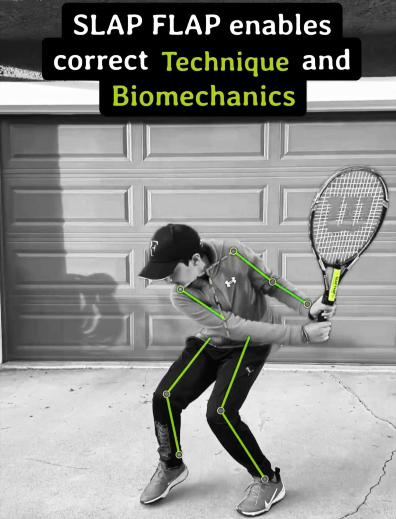 Player practicing forehand technique with SLAP FLAP tennis swing trainer to improve biomechanics and proper swing path.