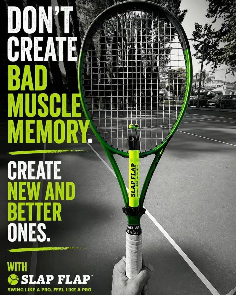 SLAP FLAP tennis swing trainer attached to a racket, helping players replace bad habits with better muscle memory through consistent shadow swing training and repetition.