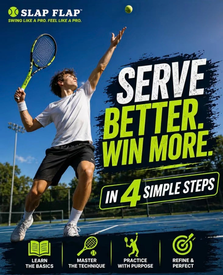 Tennis player practicing a serve with SLAP FLAP tennis swing trainer, helping develop serve mechanics, timing, acceleration, and muscle memory through shadow swing training.