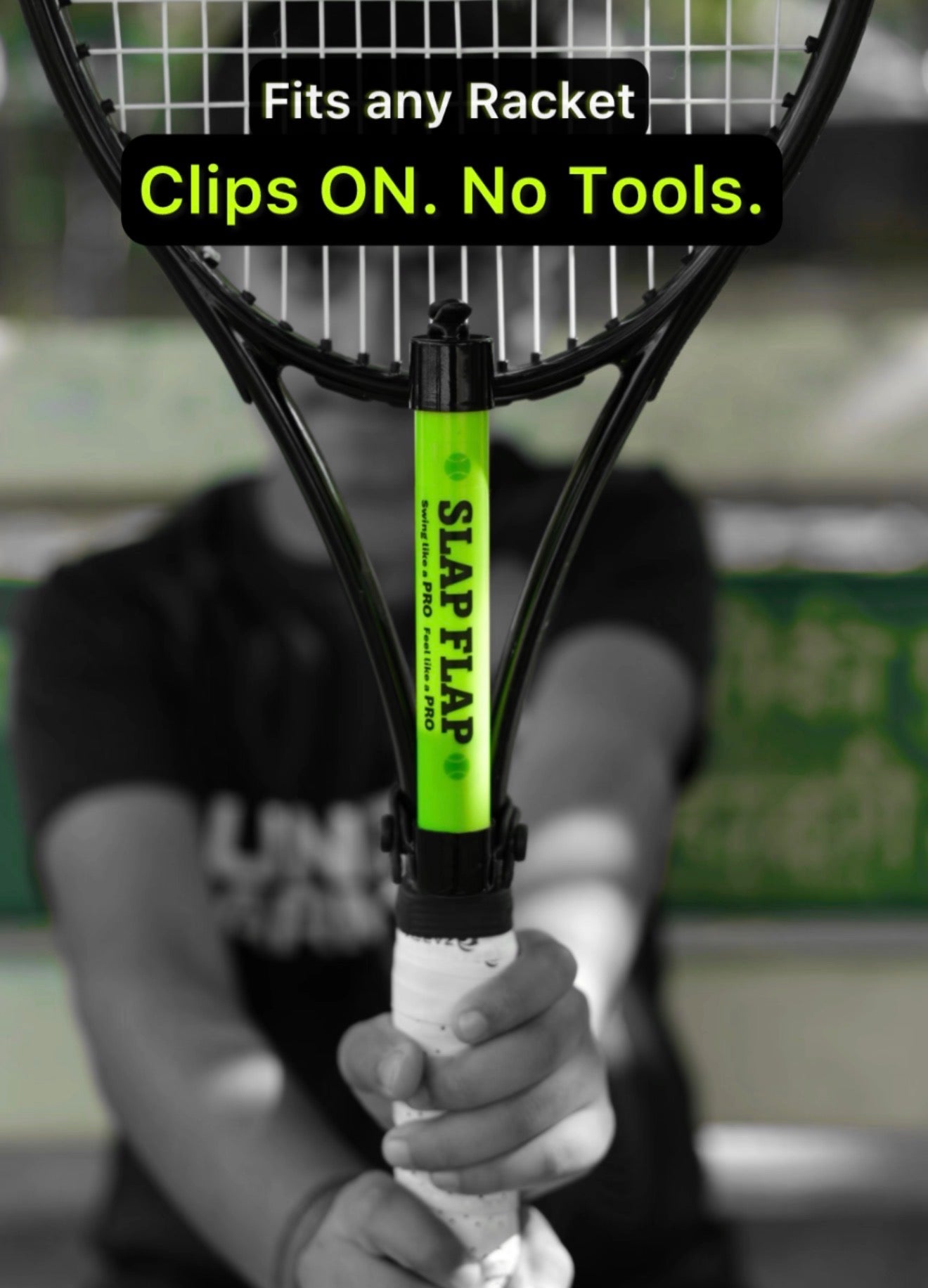 SLAP FLAP tennis training aid clipped onto a racket, no tools required and fits most rackets.