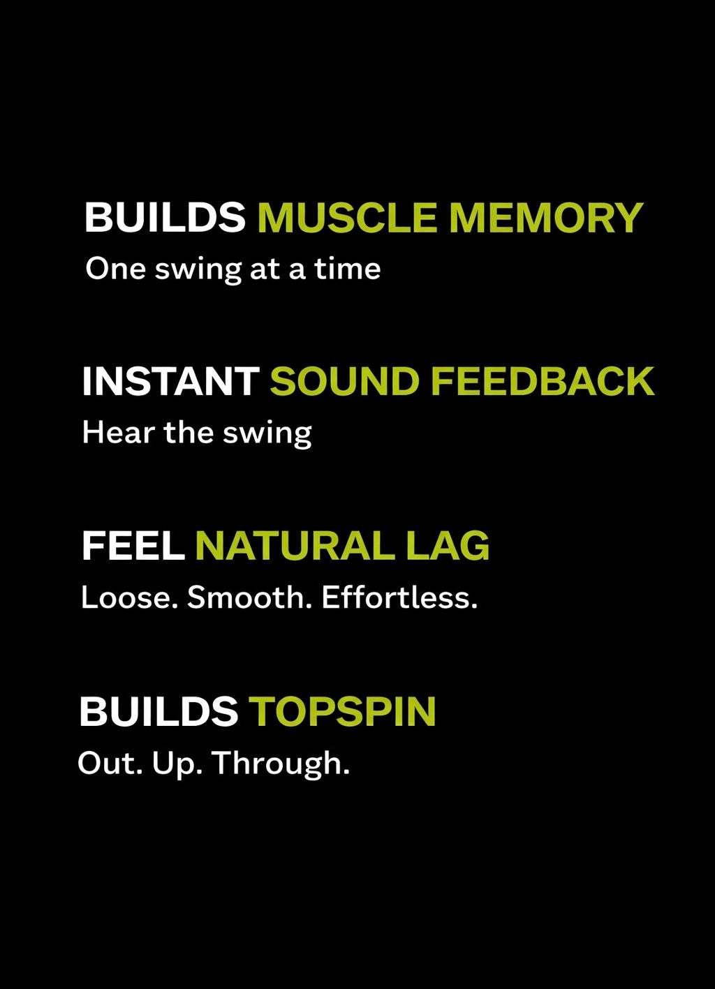 SLAP FLAP tennis training tool highlighting muscle memory, instant sound feedback, natural lag, and topspin development.