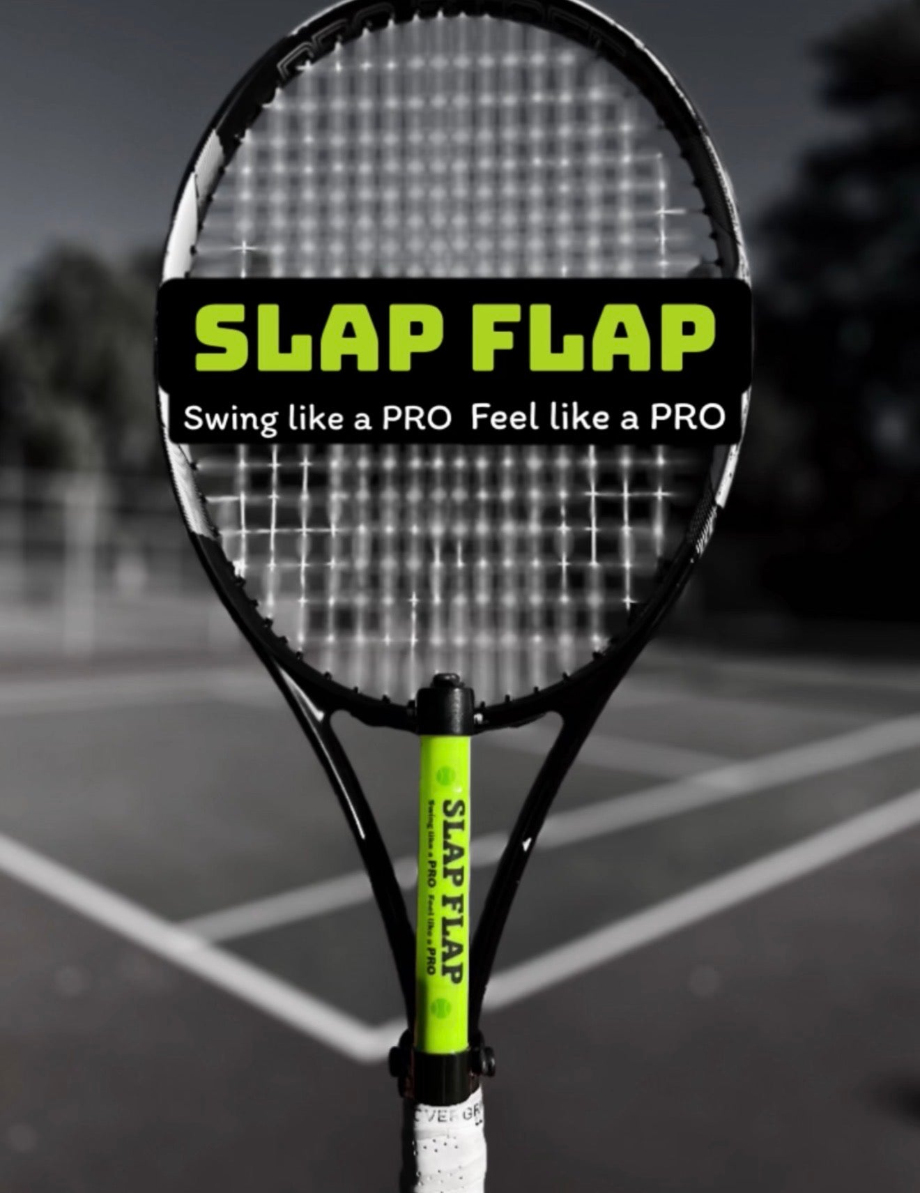 SLAP FLAP tennis training device attached to a racket on a tennis court for performance practice.