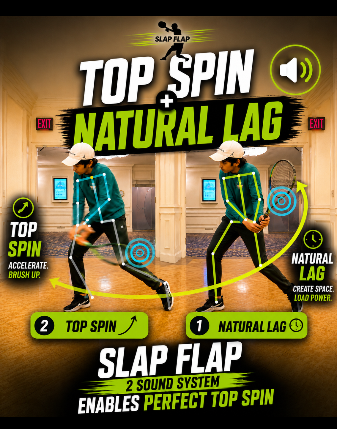 SLAP FLAP tennis swing trainer demonstrating the 2-sound system that helps players develop natural lag, low-to-high acceleration, and topspin through shadow swing training.